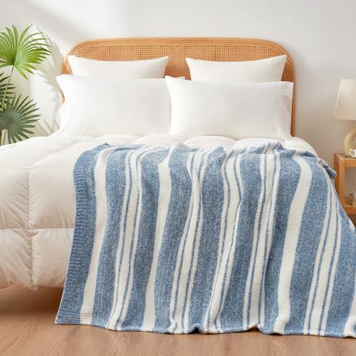 Image of Snuggle Sac Knitted Throw Blanket for Couch, Reversible Super Soft Microfiber Blankets Warm Cozy Knit Fuzzy Plush Lightweight Throws for Sofa, Bed, Camping, Picnic, Stripe Blue, 50 x 60 inches