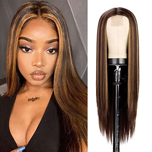 QLQUEENLIFE Long Straight Highlights Wig for Black Women Brown Mixed Blonde Wig 28 Inch Synthetic Middle Part Hair Natural hairline Wigs Heat Resistant Fibre for Daily Party Use