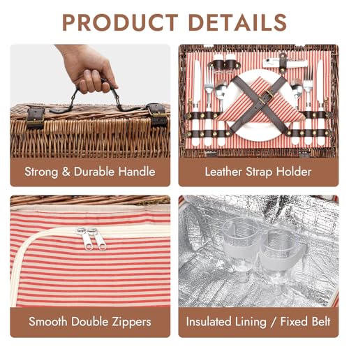 Image of Picnic Basket Set for 2 Persons with Cooler and Waterproof Picnic Blanket, Classical Wicker Picnic Baskets with Waterproof & Sand-Proof Beach Mat,Willow Hamper Service Gift Set