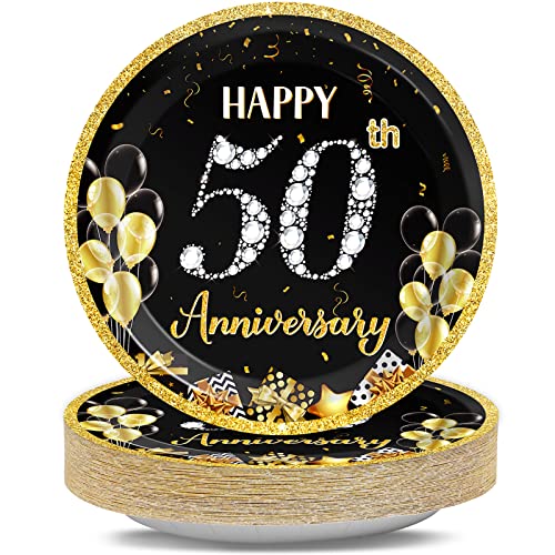 Image of Qyeahkj 48 Pcs 50th Anniversary Party Plate Employee Career Wedding 50th Anniversary Party Gold Black Disposable Paper Dessert Cake Platter Supplies Set for Fiftieth Anniversary Party Decoration Favor