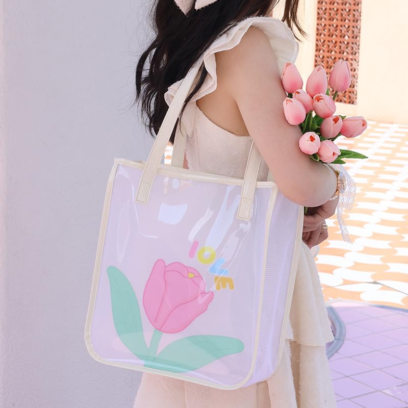 Jelly PVC Beach Bag Tote - Spacious Water Resistant Shoulder Bag Floral Love Print Transparent for Pool Travel Party (13x27x31cm)4