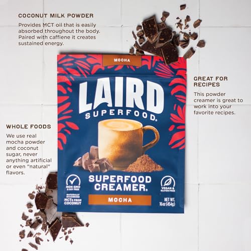 Image of Laird Superfood Non-Dairy Coffee Creamer Mocha, Shelf-Stable Superfood Non-Dairy Powder Creamer, Gluten Free, Non-GMO, Vegan, 16 oz. Bag, Pack of 2