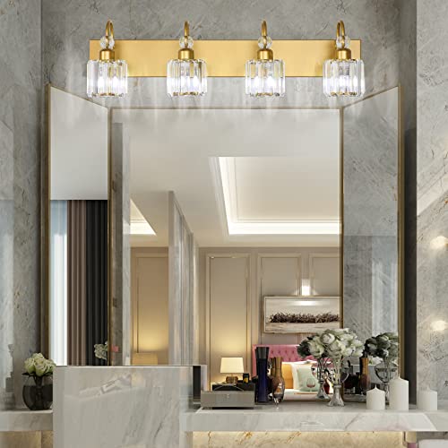 Image of Ralbay Gold Vanity Lights 4-Lights Gold Crystal Bathroom Vanity Lights Over Mirror Modern Crystal Bathroom Wall Lighting Fixtures
