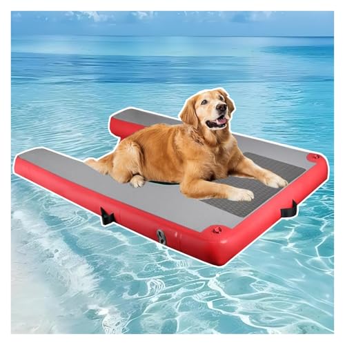 犬用プールスロープ ペットプールプラットフォーム、ガス充填は犬用フロートを繰り返し使用でき、EVA滑り止めマット、3 D階段、ポンプ付き、携帯型は犬の水坂道を150センチ折り畳むことができ、荷重は105キロ(Red,Piece of 1)