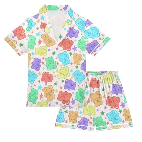 Colorful Cute Gummy Bears Summer Satin Pajama Set, Cute Button-Down Sleepwear Pj Set for Sleep Wears