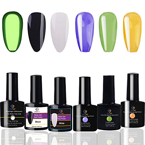 FIGHTART Jelly Gel Nail Polish Set(Purple +Green+ Yellow) + Base Gel (Black +White ) + Night Light Top Coat