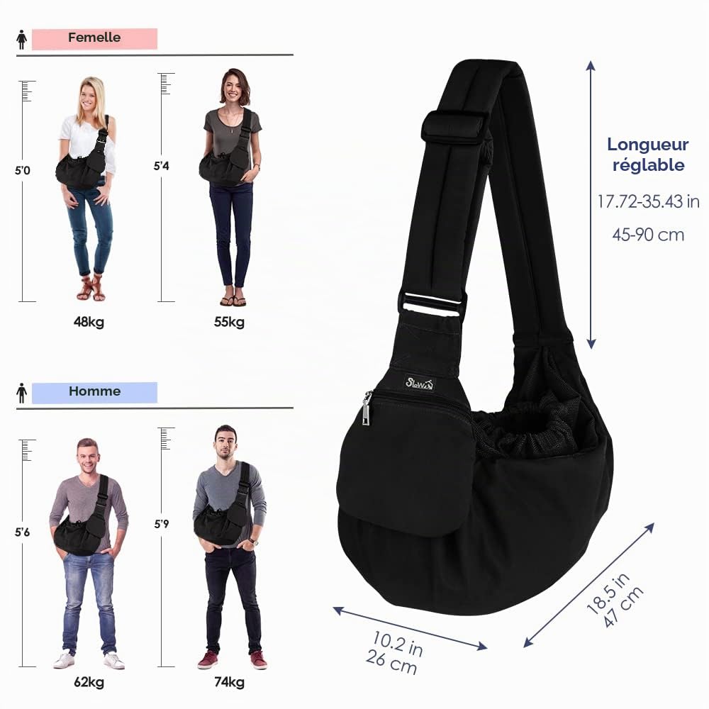 SlowTon Sling Dog, écharpe Papoose Main Libre pour Chien Chiot Sac de Transport de Chat avec Supports en Bas Bandoulière réglable et Ceinture de sécurité pour Les Petits Chiens pour Tous Les Jours