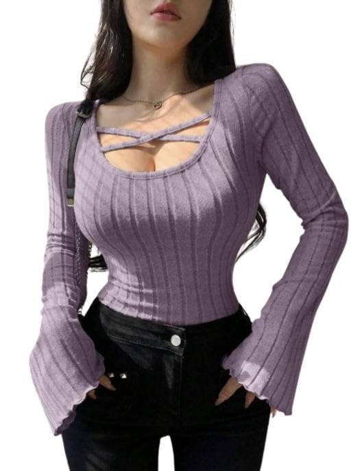 Image of Women Slim Fit Long Flare Sleeve Ribbed Knit Criss Cross Cut Out Casual Fashion Top Trendy Daily Outfit for Girls and Women