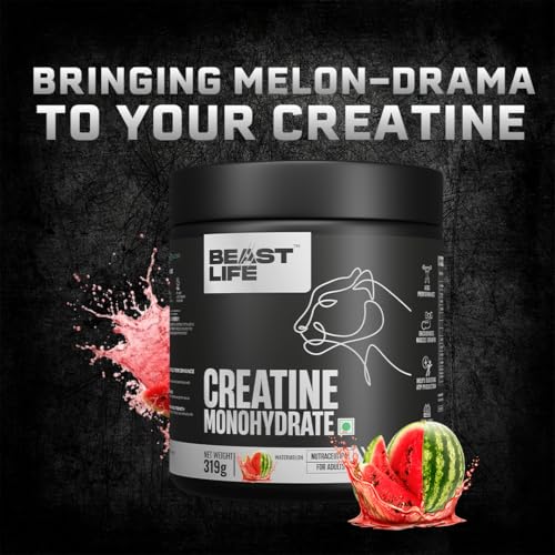 Image of BeastLife Micronised Creatine Monohydrate with Free Shaker | 319 g | 86 Servings | Watermelon | NABL Lab Tested | Rapid Absorption for Muscle Strength & Athletic Performance | Super Micronised Creatine Powder