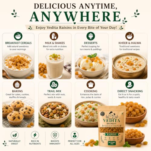 Image of Vedita Premium Golden Seedless Raisins (Kishmish) 450g | Dry Fruits | 100% Natural Kishmish | Fresh & Naturally Sweet | Healthy Snack Pouch | Ideal for Snacking, Cooking & Dry Fruits Combo | Kismis 500g