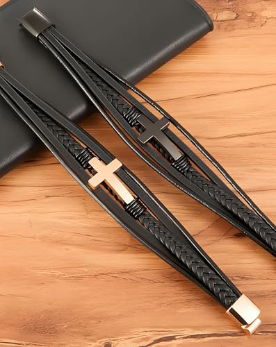 Cross Leather Bracelet for Men, Multi-Layer Braided Mens Religious Cuff Bracelets with Stainless Steel Clasp Anniversary Father's Day Birthday Christmas Jewelry Gifts for Him4