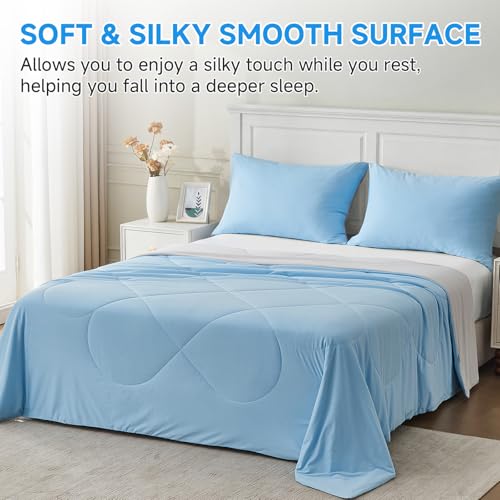 Image of HOMFINE Cooling Comforter Japanese Double-Sided Arc-Chill Cold Tech Fabric Cooling Blanket for Night Sweats Hot Sleepers, Q-Max 0.45 Soft Breathable Silk Smooth Lightweight Blue Summer Comforter King