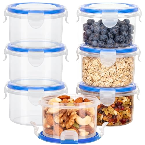 7Pcs Round Plastic Food Containers with Lids Airtight 300ml Clip Lock Food Containers Reusable BPA-Free Small Plastic Storage Containers Leakproof Snack Pots with Lids for Cereal Fruit Yoghurt