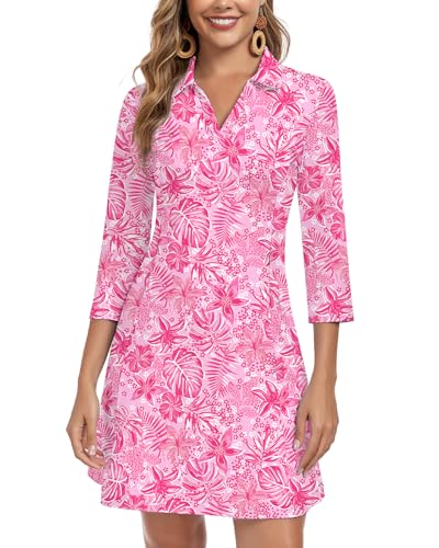 Image of WOWENY 3 /4 Sleeve Dress for Women with Pockets V Neck UPF 50+ Casual Sun Dress Breathable Quick Dry Beach Vacation