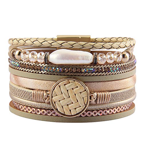 GelConnie Baroque Pearl Leather Wrap Around Bracelet Multi Strand Boho Bracelets Magnetic Cuff