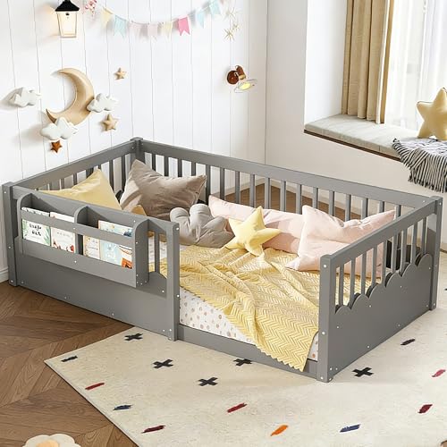 Image of Bellemave Twin Size Kids Montessori Floor Bed,Solid Wood Floor Bed Frame with Bookshelf and High Fence for Kids,Girls,Boys,Gray