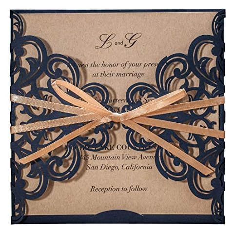 Navy Blue & White Wedding Invitation Cards, Laser Cut Rustic Invitations with Bow Lace Sleeve, for Engagement Baby Bridal Shower Birthday Quinceanera Sweeet 16 (Navy Blue, 50 Pieces) … Cover