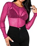BelleLovin Women's Sheer Mesh Tops Long Sleeve Glitter Sexy Tops See Through Blouses (Rose Pink, Medium)