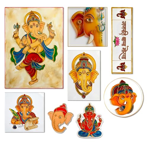 Image of The Crafthives Ganesha Glass Painting Kit | DIY Stained Glass Ganesh Art Set with Acrylic Frames, Colours, Brushes & Outliner | Creative Glass Painting Craft Kit for Kids Beginners Adults