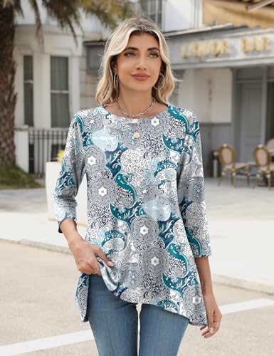 LOMON 3/4 Sleeve Tunic Tops for Women Loose Fit Dressy Casual Blouse Flowy Shirts to Wear with Leggings S-3XL
