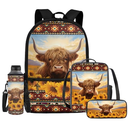 Kids Backpacks for 7th Grade with Lunchbox,Pencil Case,Water Bottle Sleeve,Western Aztec Highland CowSchoolbags for Kindergarten Preschool Schoolbag Boys/Girls Bookbag School Backpack