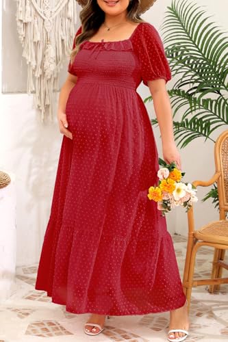 Image of Plus Size Summer Dresses - Swiss Dot Smocked Square Neck Puff Sleeve Boho Maternity Maxi Dress for Baby Shower Wedding Guest