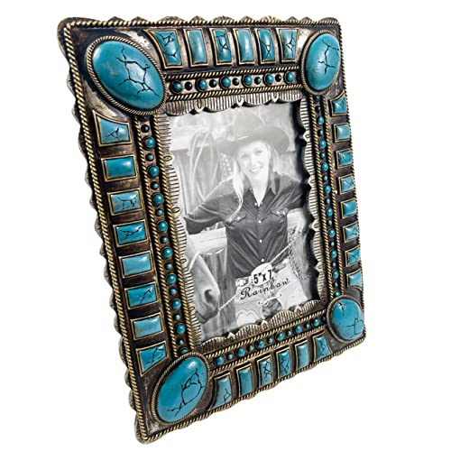 Urbalabs Cowboy Western Teal Gem Stone Rustic Country Decor Large Picture Frame 5 X 7 Rustic Country Gifts Farmhouse Picture Frames Wall Hanging Or Standing 5X7 Elaborate Picture Frame #TOP28