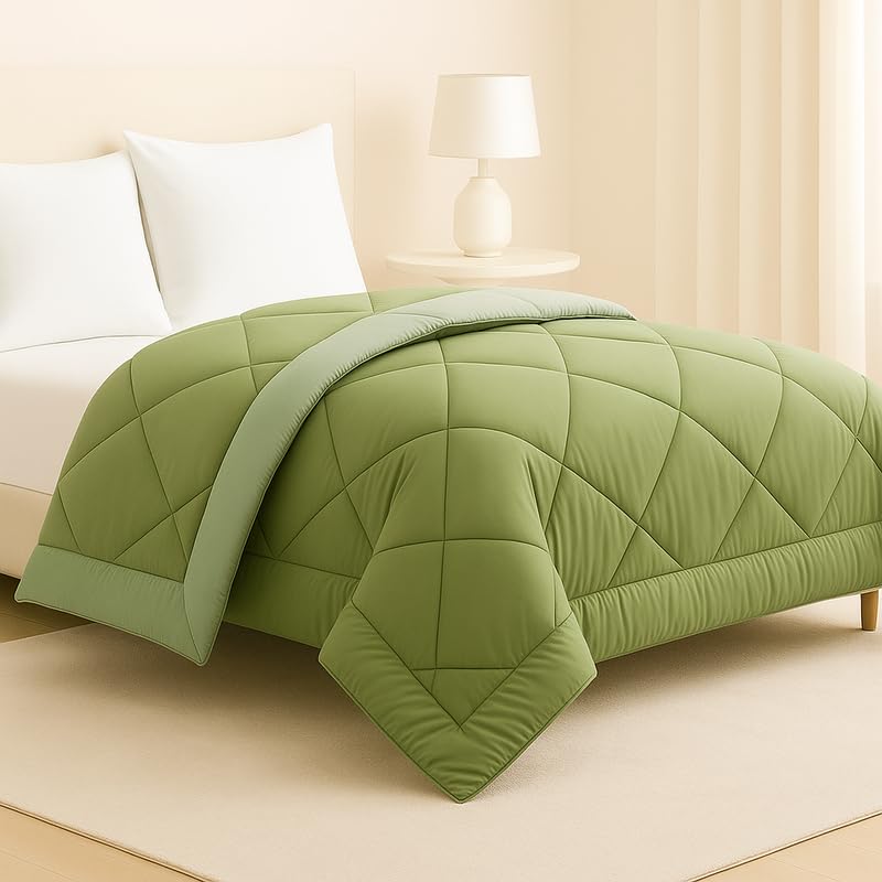 BSB HOME Luxury Reversible Comforter Single Size | Dual Color Soft Quilt for AC Room | Winter & Summer | Rainy Season Plush Microfiber | Solid Color Comforter – 60x90 Inches, Olive Green