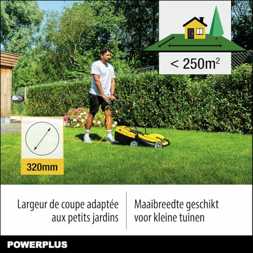 Powerplus Elektryczna kosiarka POWEG62205 z silnikiem o mocy 1300 W i koszem (5624), podkaszarka do trawy z regulowaną wysokością cięcia, szerokość cięcia 320 mm, do trawników o powierzchni do 250 m²,
