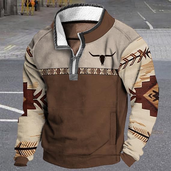 MARSVOVO Aztec Cowboy Hoodies Mens Quarter Zip Fleece Jacket Long Sleeve Winter Men's Fashion Hoodies & Sweatshirts - Image 2