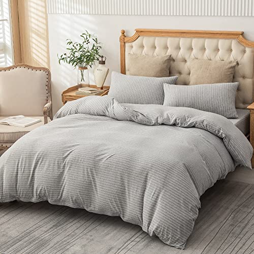 Pure Era Jersey Knit Duvet Cover Set 100% T-Shirt Heather Cotton Super Soft Comfy Classic Striped Design, With Zipper Closure, Grey & White Pintripe, Queen #TOP4