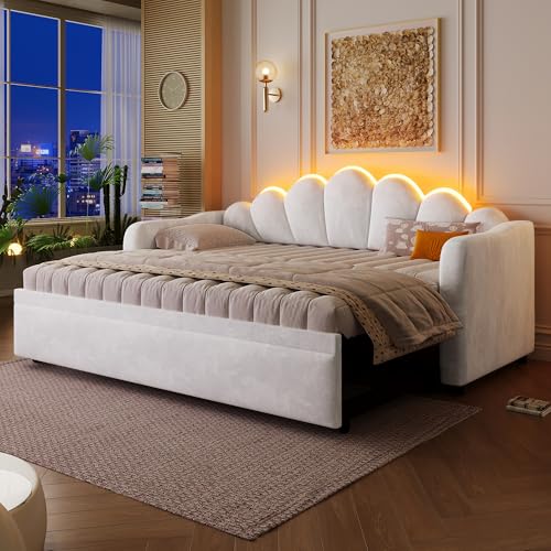 Yihomfy Canapé Lit Rembourré 90x200 cm avec Lit Gigogne et LED - Convertible, Gigogne Rabattable au Sol ou Surélevée, Structure Bois - pour Salon ou...