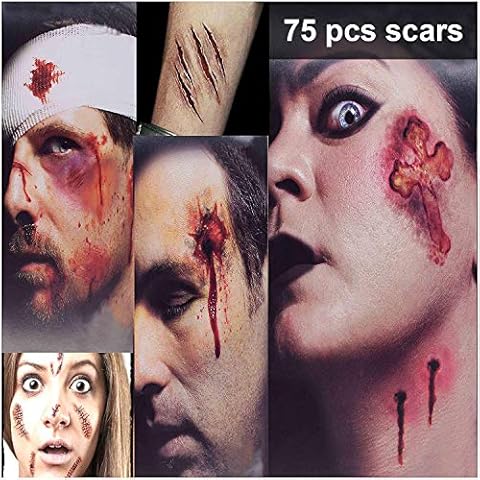 Halloween Scars Tattoos, Halloween Zombie Makeup Kit Tattoos, 75 Pieces (3 Large+6 Small Packs) Vampire Bite Tattoo, Halloween Waterproof fake blood tattoo, Safe Zombie Makeup Kit for Kids & Adults Cover