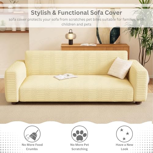 Image of Lukzer 5 Seater Pastel Yellow Dotted Stripe Pattern Sofa Cover | 240 GSM Universal Stretch Fit 3+1+1 Jacquard Fabric Couch Protector | Fully Covered Anti Slip & Washable Sofa Cover - SC-070-05