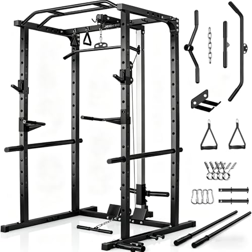 Image of JEEKEE Power Rack with LAT Pulldown, 2000LBS Power Cage with Cable System, Multi-Function Squat Rack with J-Hooks, Safety Bars, Landmine, Pull Up Bar & Attachments for Home Gym Strength Training,Black