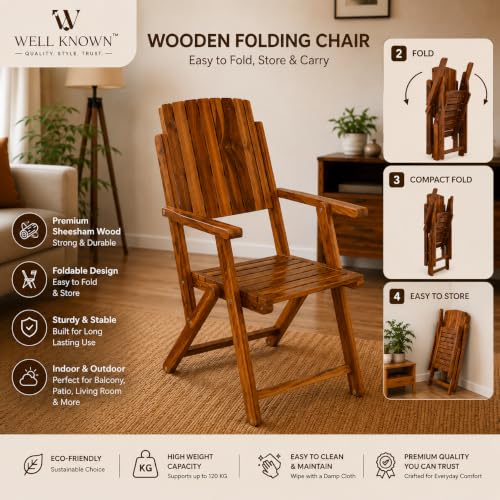 Image of WELL KNOWN Wooden Folding Chair | Portable Foldable Armchair for Balcony, Patio, Living & Drawing Room | Sheesham Wood, Honey Finish (Nature)
