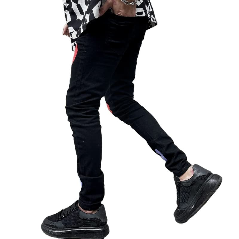 Jeans da uomo skinny fit gamba dritta, jeans da uomo, jeans da uomo stampati elasticizzati slim fit, Nero-1, 46