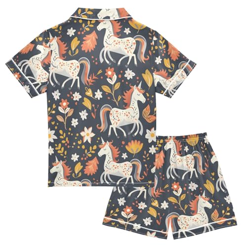 ALAZA Unicorn Flower Floral Blue Pajamas Satin Pajama Set Short Sleeve Button Down Sleepwear2