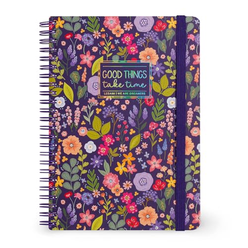 Legami - Cuaderno con espiral de rayas de 7 mm, Flowers, Large, tamaño A4, papel certificado FSC, contiene 1 hoja de adhesivos, 160 páginas, cierre elástico, 15 x 21 cm