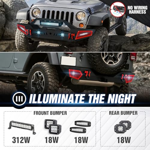 Image of for Wrangler JK JKU Front and Rear Bumpers Compatible with 2007-2018 Jeep Wrangler JK JKU Unlimited 2 /4 Doors with Winch Plate, 7 x LED Lights, 2 inch Hitch Receiver, Paintable Armor & D-rings
