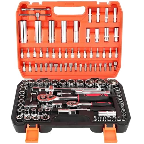 La Mejor Selección de Juegos de herramientas los 5 mejores. 50 Juego de Herramientas de 108 Piezas 1/4' y 1/2' con Llaves de Carraca, Juego de Puntas, Carraca Reversible, SAE y Métrico, Acero CR-V, para Reparación Automotriz y Uso Doméstico