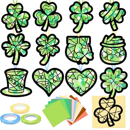 KOPOOEOE 48 Sets St. Patricks Day Suncatchers Craft DIY Shamrock Tissue Paper Crafts Kits Irish Green Clover Hanging Decorations for Home Window Stained Glass Effect Art Supplies
