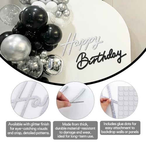 Image of TONIFUL Happy Birthday Sign for Backdrop - Glitter Black Silver Felt Banner - Includes Dot Glue - Perfect for Birthday Party Backdrop,Wall Decr,Balloon Arch,Photo Background