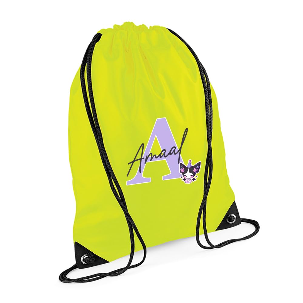 Personalised Initial & Name – Cute Cartoon Character Design – Custom Gift for Kids, Teens & Friends, PE Gym Kit Swimming, Sport Rucksack. (Fluorescent Yellow)