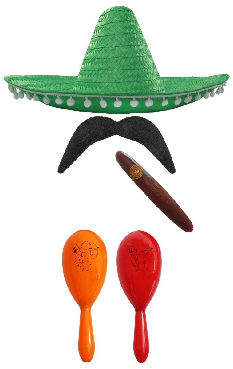 Mexican Fancy Dress Accessory Set. Mexican Sombrero + Maracas + Tash. Perfect for Mexican Fancy Dress Costumes Senorita Bandit Mariachi (Green Pom Pom Sombrero + Orange and Red Maracas)