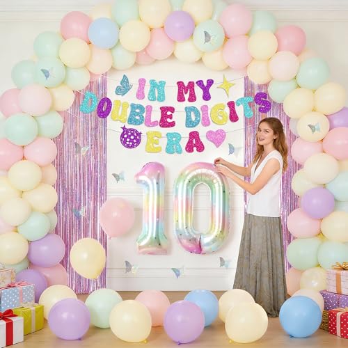 Image of 10th Birthday Party Decorations In My Double Digits Era Banner 10th Balloons Colorful Glitter Double Digits Party Supplies