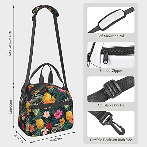 Palm Leaves Hibiscus Flowers Lunch Bag Tropical Pineapples Fruit Reusable Insulated Lunch Tote Bag Lunchbox Container With Adjustable Shoulder Strap For Office Work School Picnic Travel #TOP2