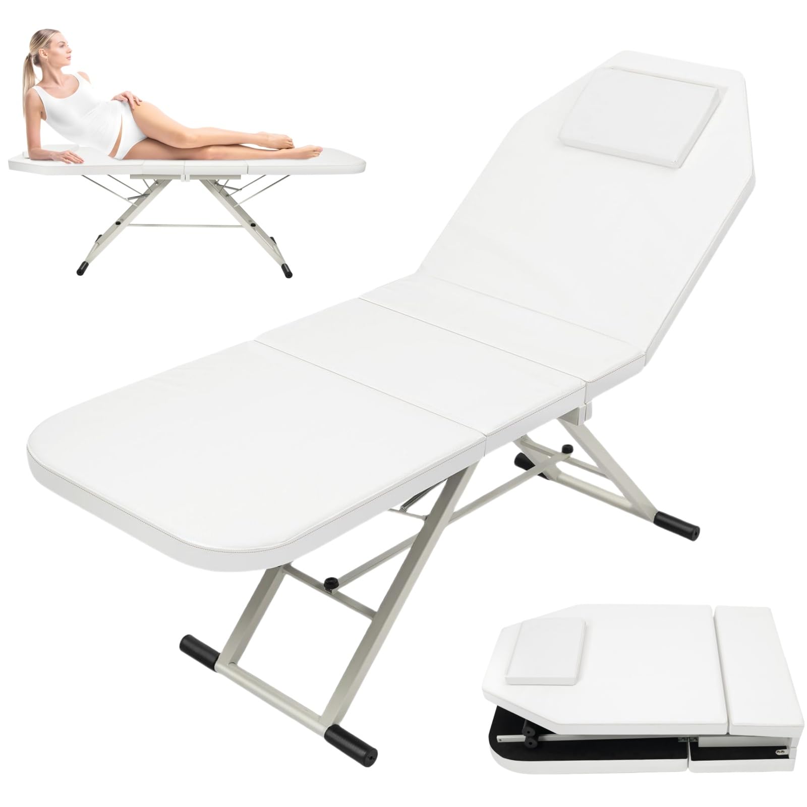 Mobile Massageliege Klappbar 3 Zone 180×60×60cm - SPA Salon Beauty Bett PVC Kosmetikliege Tragbar mit Kissen - Faltbar Massagetisch für Kosmetik, Spa, Salon, Tattoo (Weiß)