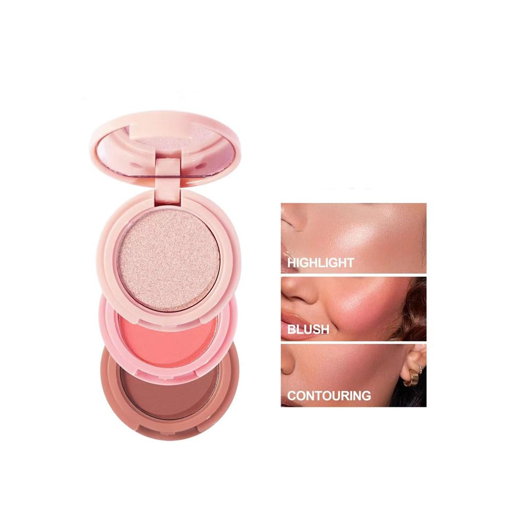 Paleta 3 en 1 de colorete, iluminador y contorno, polvos de purpurina, iluminador facial, paleta de maquillaje con colorete de purpurina fina (03#)