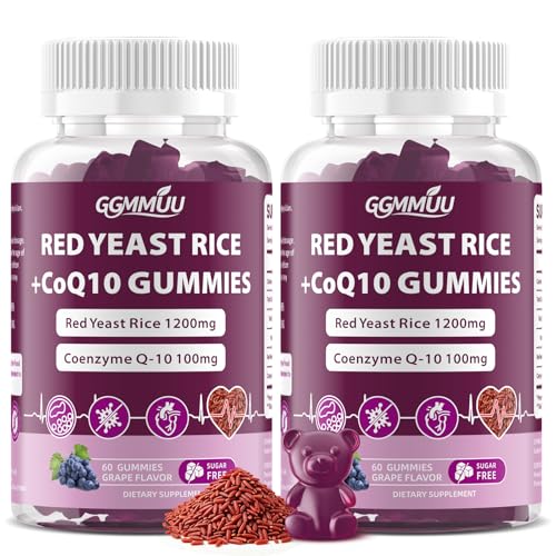 GGMMUU 2 Pack Red Yeast Rice with CoQ10 Gummies Red Yeast Rice 1200mg with Coq10 100mg Sugar Free Red Yeast Rice Supplement Vegan Non-GMO Grape Flavor 120 Counts